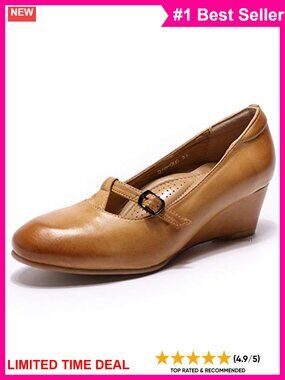 Handmade Leather Mary Jane Closed Toe Wedge Pump Mid Heel Shoes